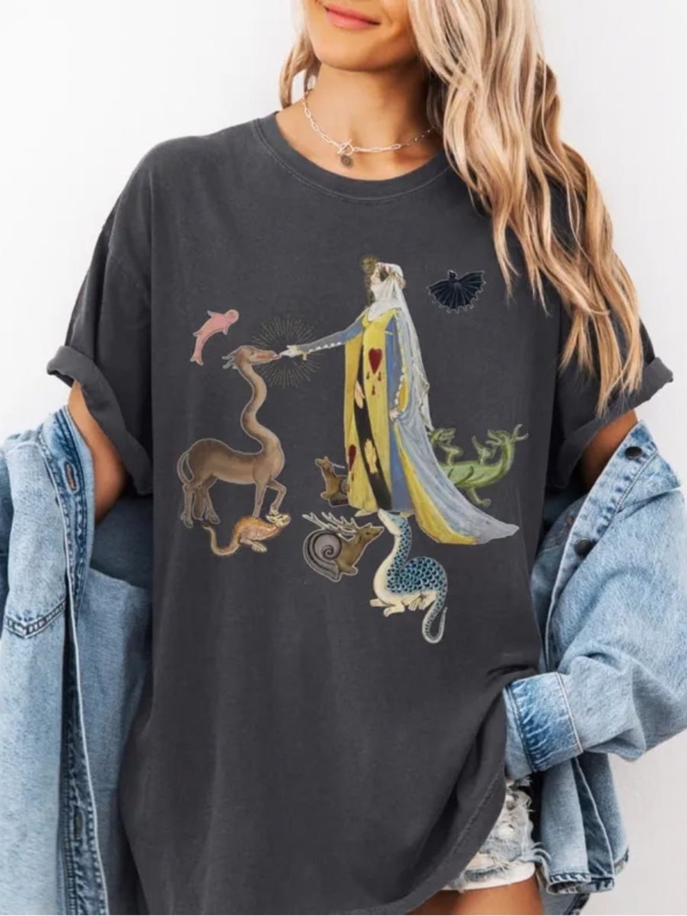 Charcoal Medieval Graphic Tee with Mythical Animal Scene